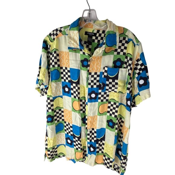 RSQ Geometric Retro Shirt Men's M 90s Rayon Short Sleeve Button Up Relaxed Fit - Picture 1 of 6